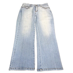 Cache Rhinestone Light Wash Cropped Wide Leg Jeans Sz 6 Y2K